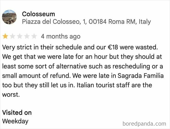 Customer review complaining about strict schedule and no refund, example of entitled customers leaving absurd reviews.