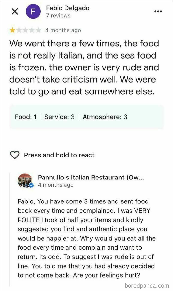 Screenshot of an entitled customer review complaining about food and service at an Italian restaurant with a detailed reply.