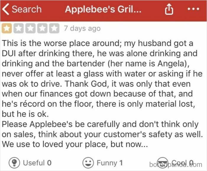 One-star absurd customer review complaining about service and safety at Applebee's Grill shared online.