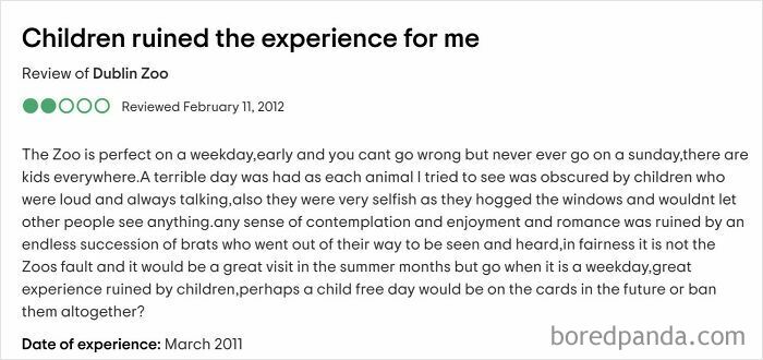Entitled customer review complaining about children ruining a visit to the zoo with loud and selfish behavior.