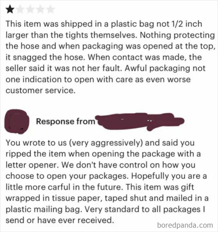 One-star entitled customer review about packaging issues with a seller's response sharing absurd customer behavior