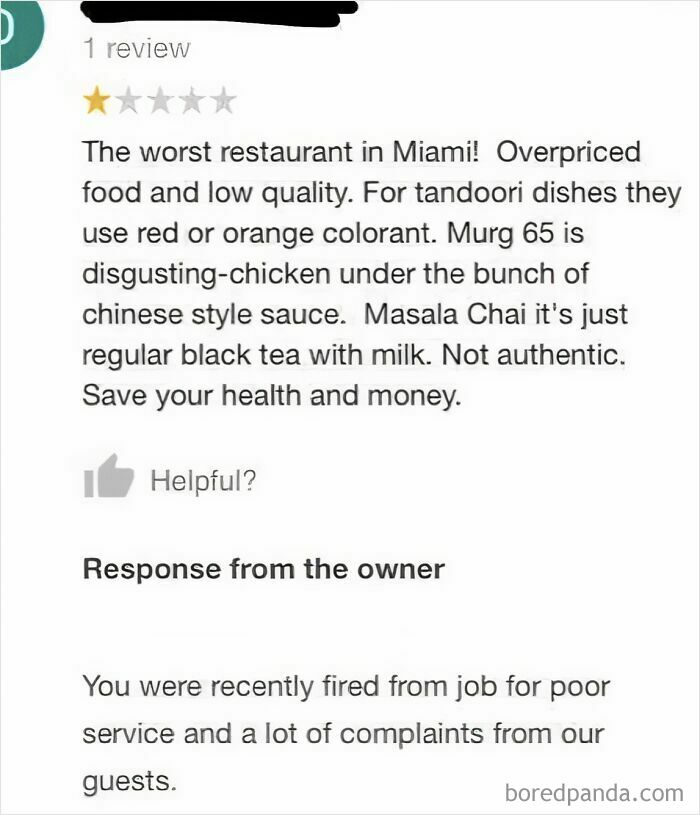 One-star review of a restaurant with an owner’s blunt response, showcasing entitled customers and absurd reviews.