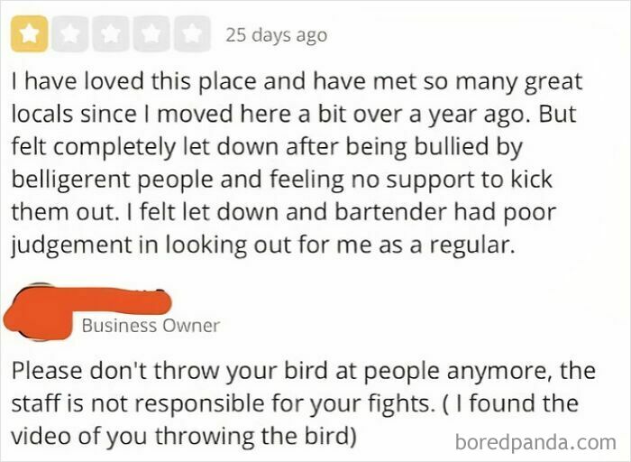 One-star absurd customer review complaining about bullying and bartender judgment, part of ridiculous entitled customer reviews.