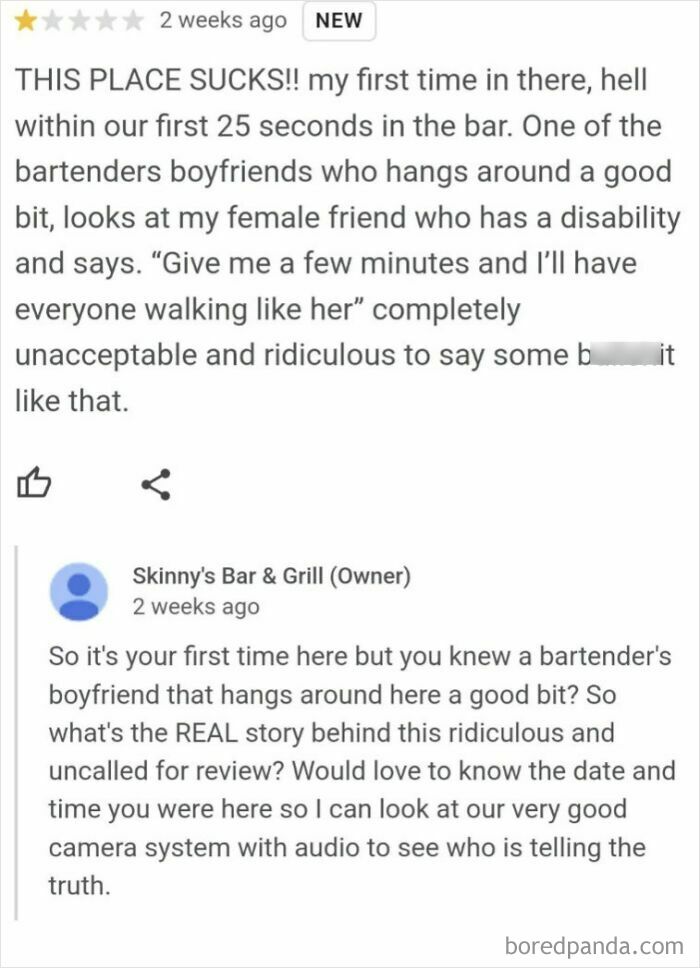 Negative customer review accusing bartender's boyfriend, with bar owner responding to absurd and entitled customer complaints.