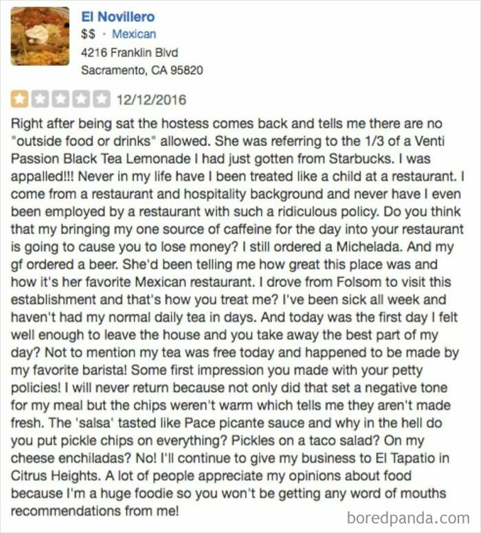 Customer review ranting about restaurant policies and food quality, showcasing absurd entitled customer complaints.