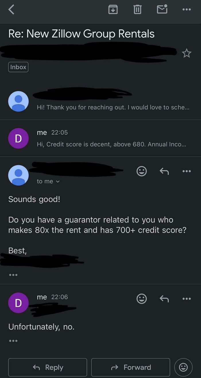 Email conversation screenshot showing rental application challenges highlighting current life in the US through American perspectives.