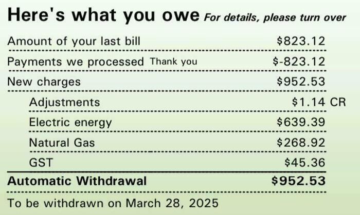 Utility bill showing automatic withdrawal of $952.53, reflecting current life in the US through the eyes of Americans.