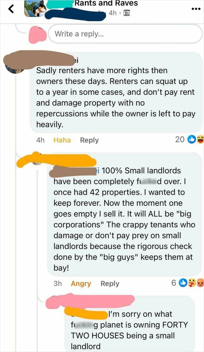 Social media comments reflecting current life struggles of landlords and renters in the US through American perspectives.
