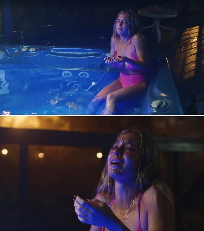 Actress in a pink swimsuit struggling in a hot tub scene depicting a horrifying behind-the-scenes movie moment.