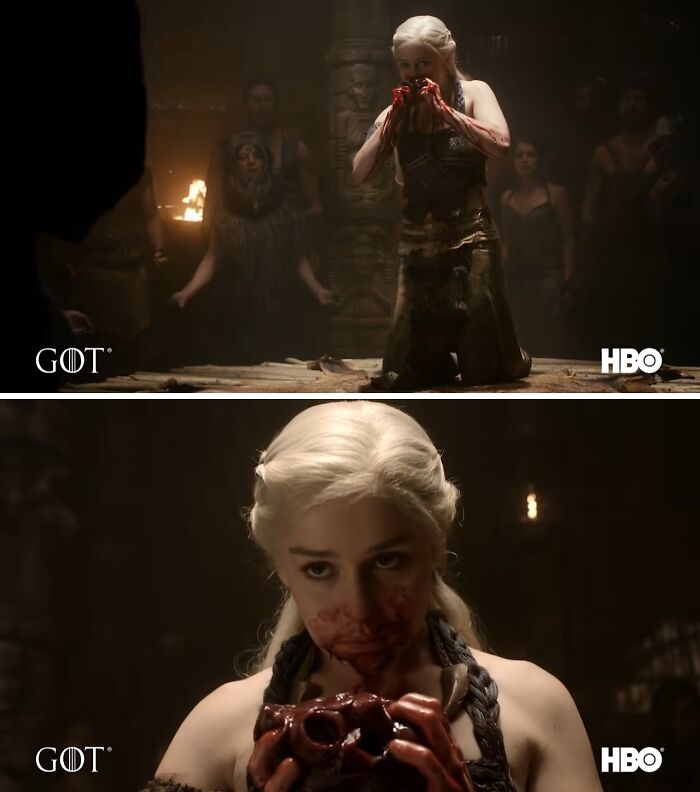 Scene from Game of Thrones showing a character with blood-covered hands eating a heart, illustrating horrifying behind-the-scenes facts.