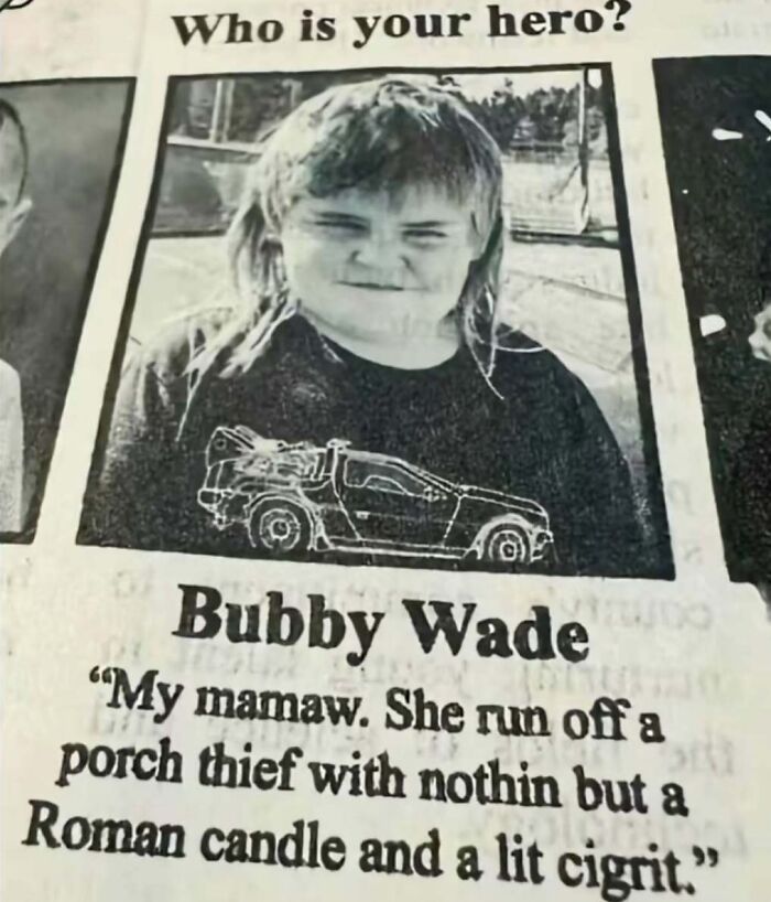 Black and white photo of a child with funny text about their hero, a relatable meme from an Instagram account.