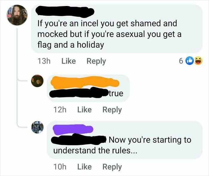 Screenshot of a social media conversation mocking misogynistic incels and discussing community shaming rules.