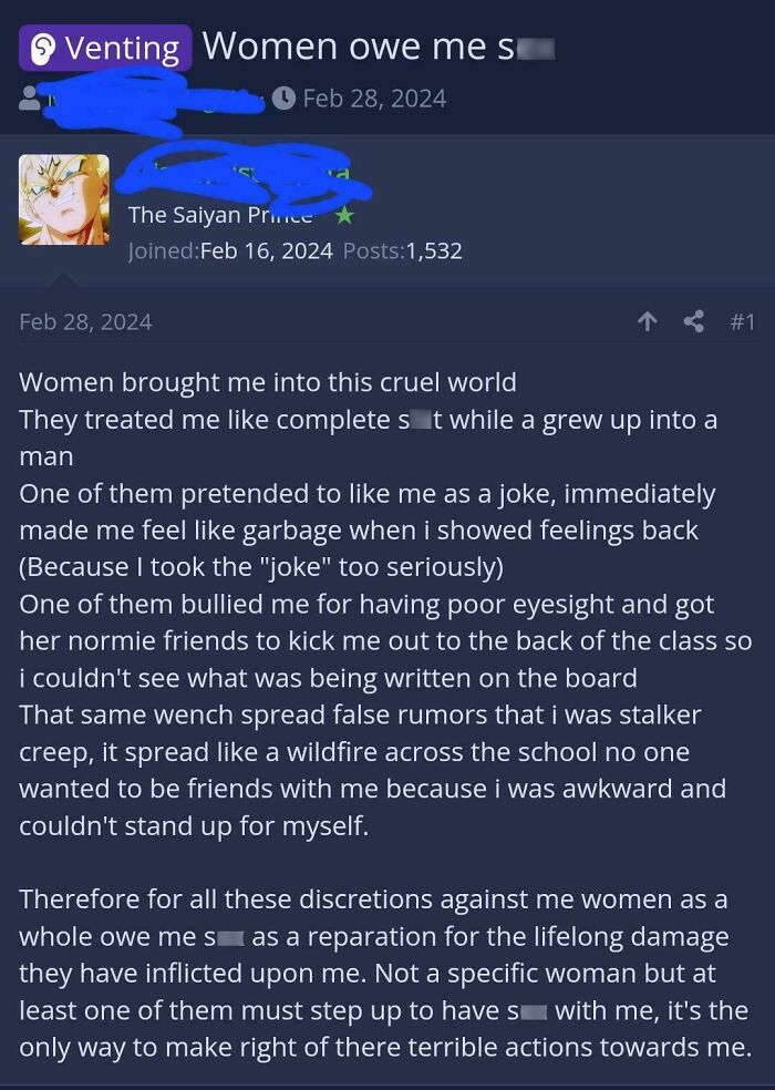 Screenshot of an incel forum post from incels.is, showing a venting message related to misogynistic incels and their grievances.
