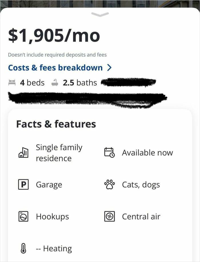 Rental listing showing a four-bedroom, 2.5-bath single family home with pets allowed, garage, and central air in current US life.