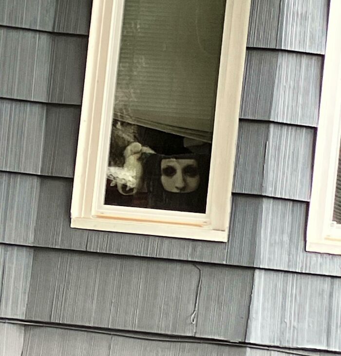 Creepy face with dark eyes and hair seen through a house window, evoking a spooky and unsettling feeling.