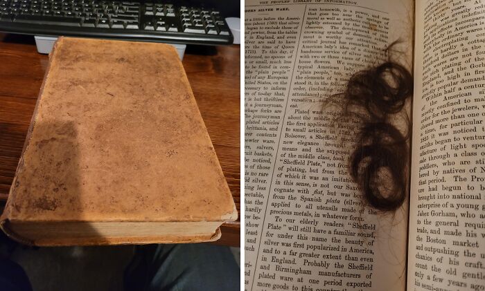 Old weathered book on a desk next to a page with a mysterious clump of hair, a creepy discovery shared online.