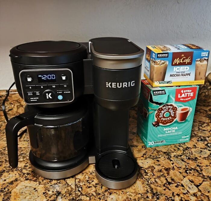 Keurig coffee maker with mocha latte and iced mocha frappé pods ideal for Mother's Day splurges gift ideas.