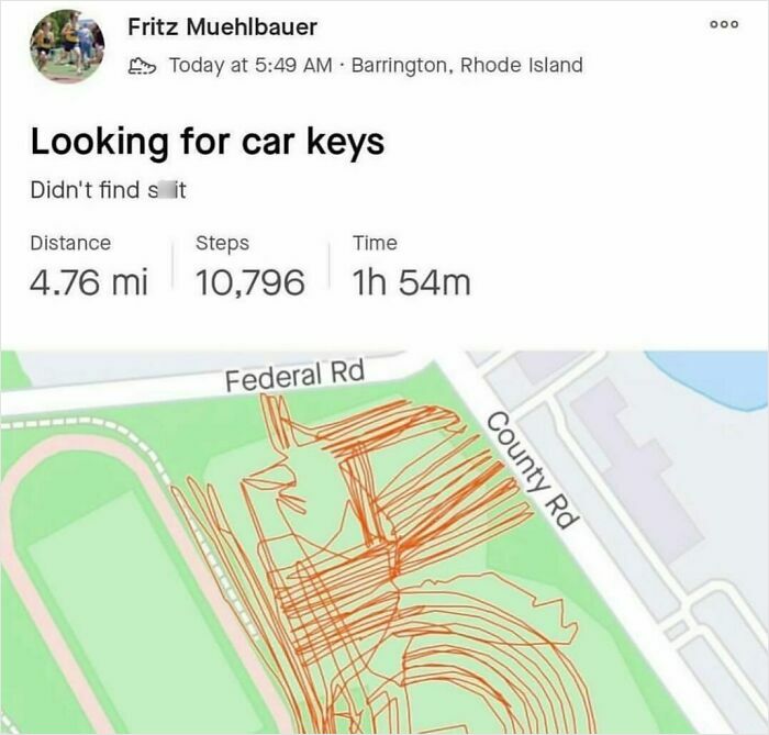 Fitness tracking map showing a funny and relatable meme about searching for car keys with 10,796 steps recorded.