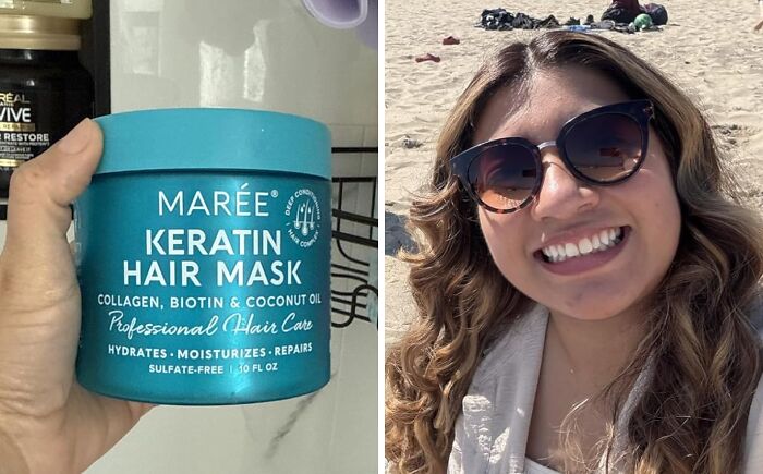 Hand holding a jar of keratin hair mask and a woman smiling outdoors wearing sunglasses, showcasing Mother's Day splurges.
