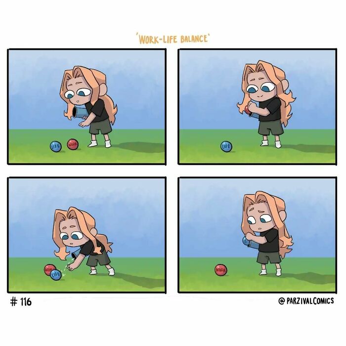 Comic strip by Parzival showing a character humorously balancing life and work balls in a relatable lighthearted scene.
