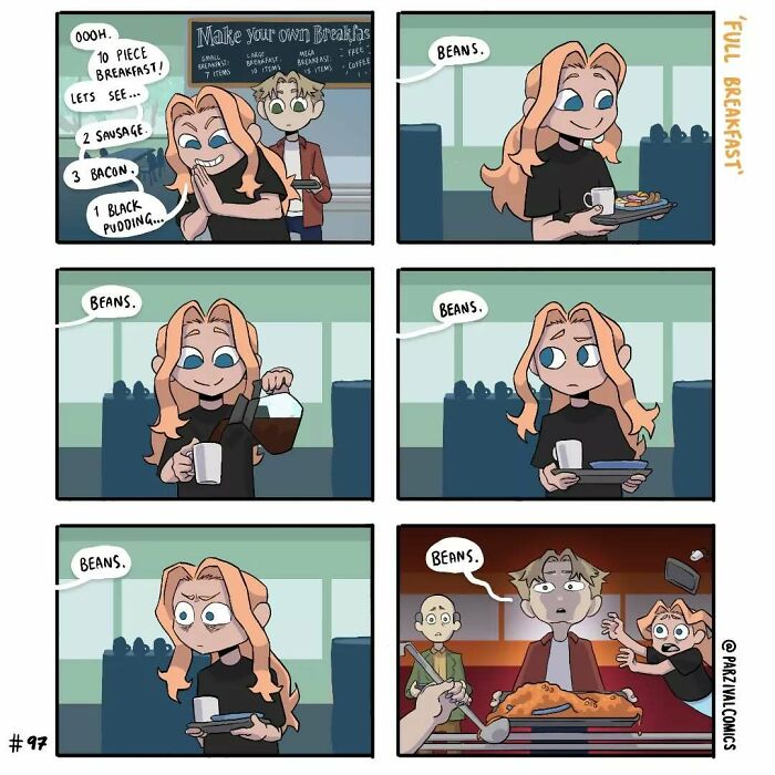 Relatable comic strip featuring humorous repetitive dialogue about beans in a lighthearted daily breakfast scene.