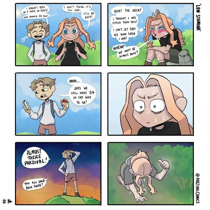 Two characters on a hike showing lighthearted and relatable moments of low stamina and exhaustion in a comic style.