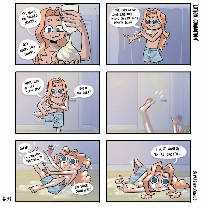 Comic strip showing a character humorously struggling with lotion, highlighting relatable moments in lighthearted comics.