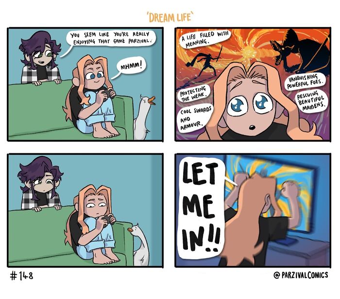 Comic panels showing a gamer imagining a heroic fantasy while playing, then frustratedly yelling at the game screen.