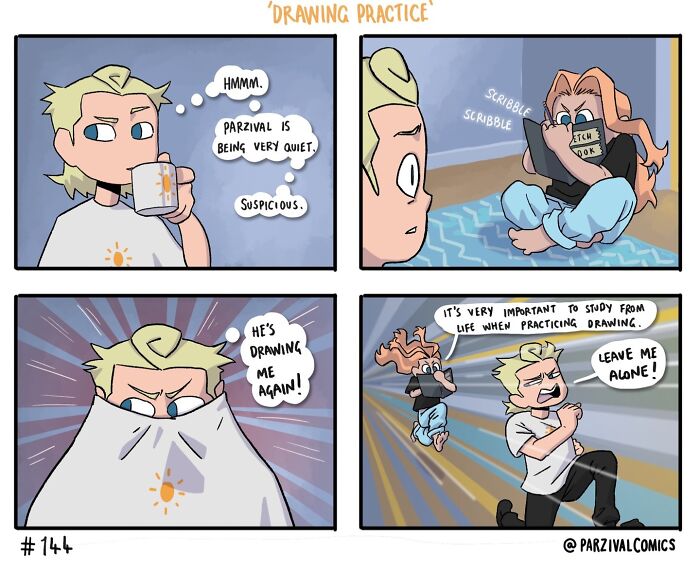 Comic strip showing lighthearted and relatable moments of drawing practice by Parzival, highlighting humor and creativity.