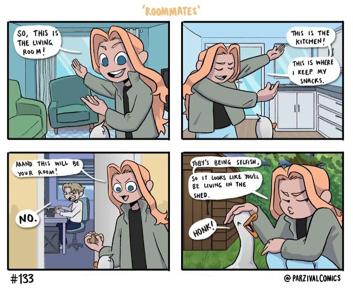 Comic strip by Parzival showing lighthearted and relatable moments between roommates and a pet goose.