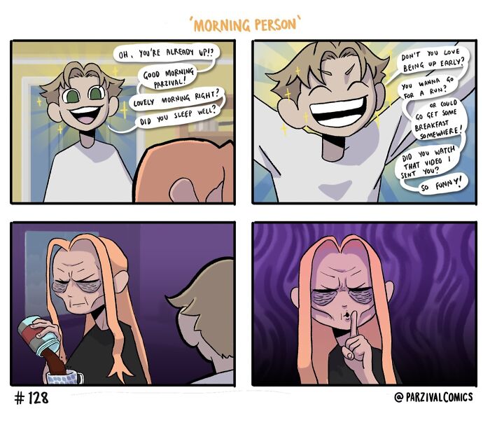 Comic strip showing contrasting morning moods with lighthearted and hilariously relatable characters by Parzival.