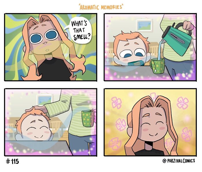 Comic strip showing relatable family moments with warm aromas and lighthearted expressions in a cozy home setting.