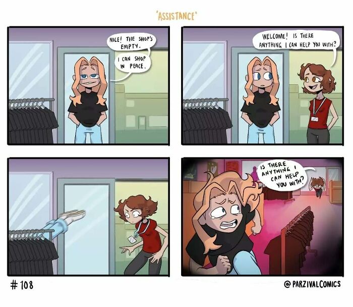 Comic strip showing a relatable shopping experience with unexpected store assistance in a lighthearted and funny style.