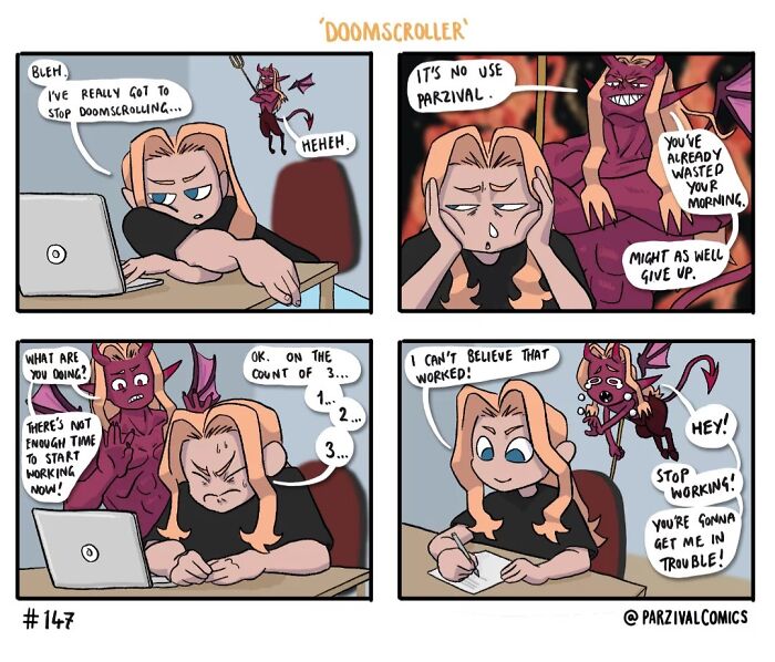 Comic strip showing a person struggling to stop doomsscrolling with a mischievous devil figure, relatable and lighthearted humor.