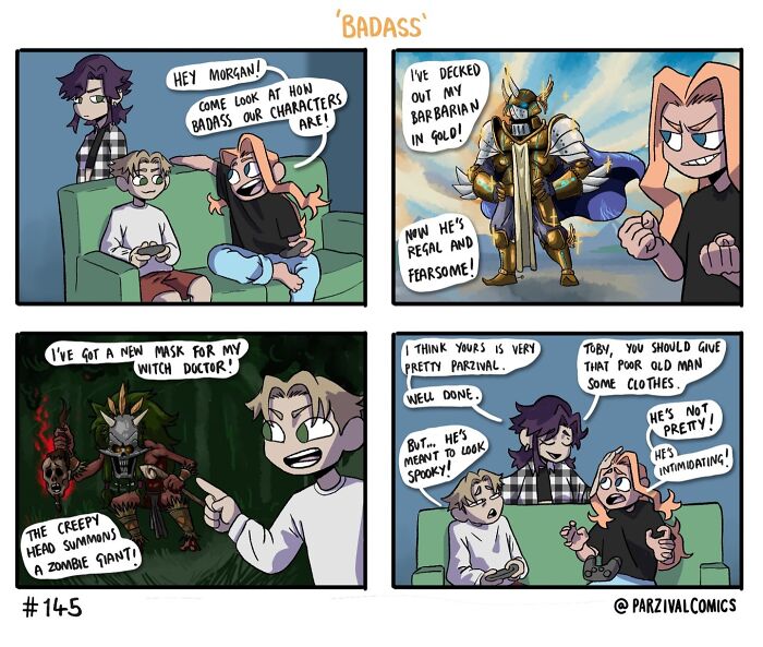 Comic strip showing lighthearted and relatable characters discussing their b****s fantasy avatars and costumes.