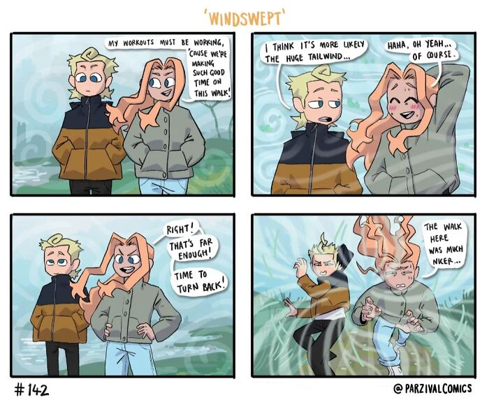 Comic strip by Parzival showing two characters humorously struggling with a windy walk, a lighthearted relatable moment.