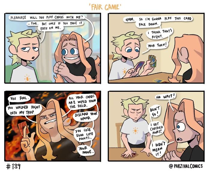 Two characters play cards in a relatable comic strip showing a playful trap and funny game moment.