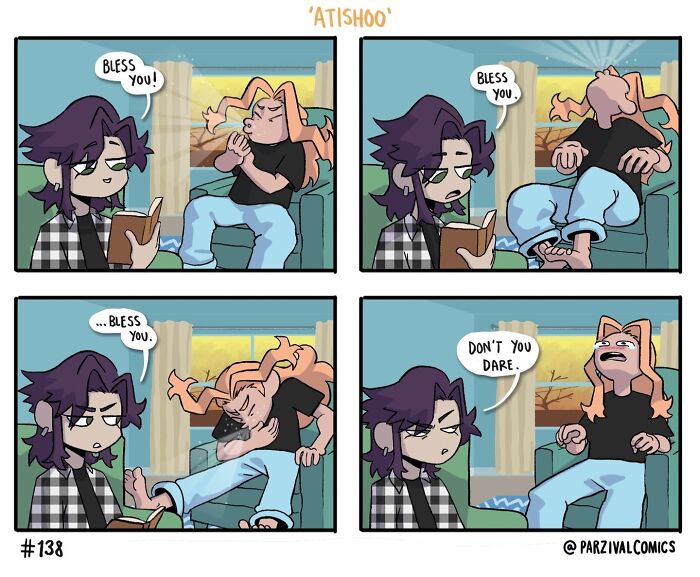 Comic panels showing a lighthearted, relatable scene of two characters sneezing and saying bless you in a humorous way.