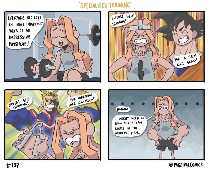 Comic strip showing lighthearted and relatable workout training scenes with exaggerated muscle efforts and humor.