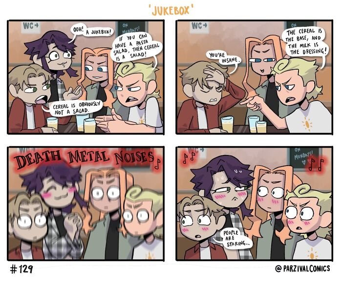 Four-panel lighthearted and hilarious comic by Parzival showing friends debating cereal and blushing with relatable humor.