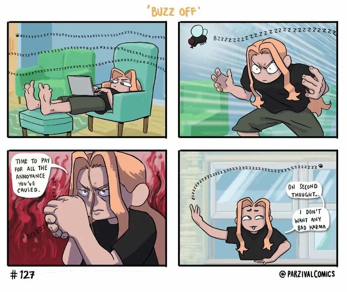Comic of a frustrated character trying to shoo a buzzing fly, featured in relatable and lighthearted comics by Parzival.