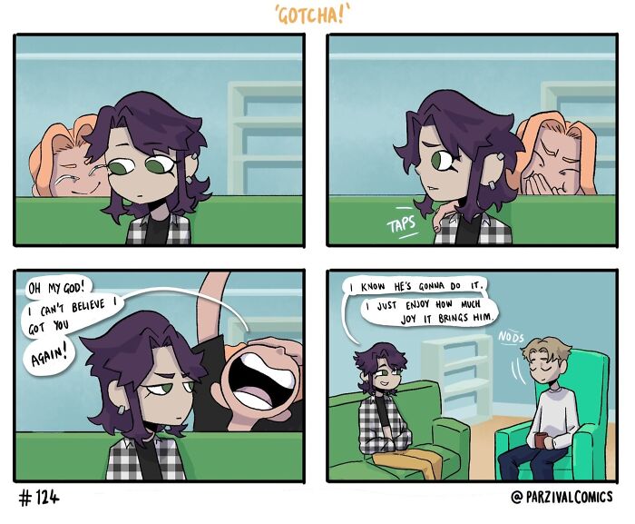 Four-panel relatable comic by Parzival showing a playful prank and friends sharing a lighthearted moment.