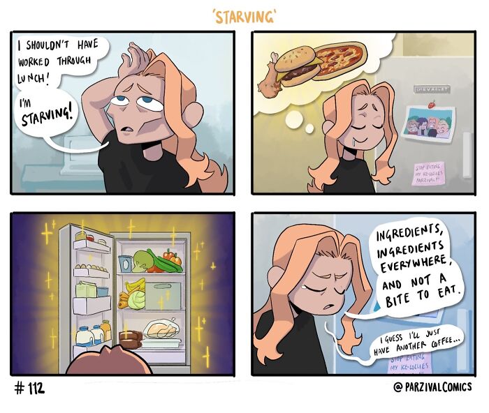 Comic about relatable hunger moments and food cravings, showing a character feeling starving but finding only ingredients.