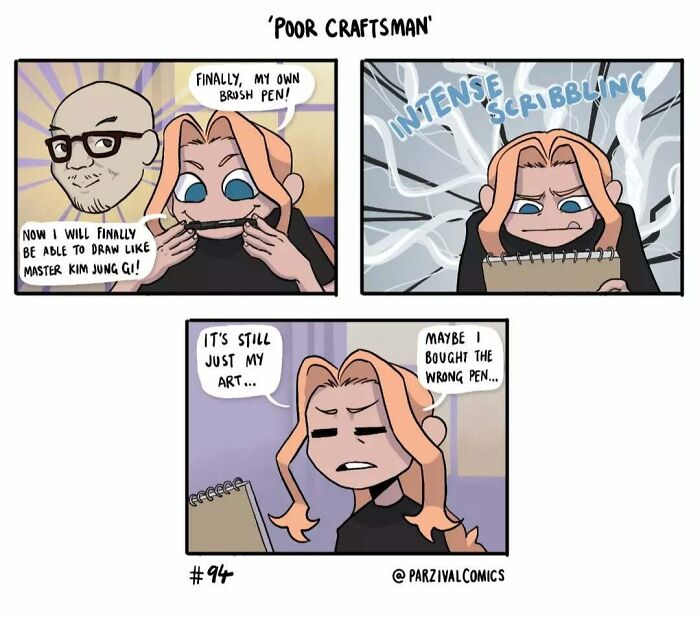 Comic strip showing an artist excited to use a new brush pen for intense scribbling in relatable lighthearted comics.