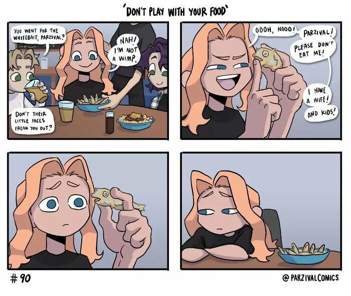 Lighthearted and relatable comic by Parzival showing a character humorously interacting with their food.