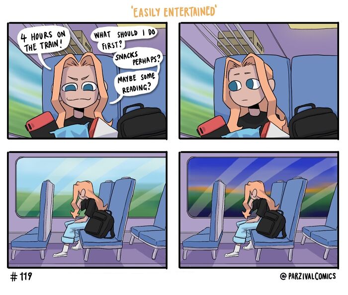 Comic strip showing relatable and lighthearted moments of a girl on a train, highlighting amusing everyday thoughts and boredom.
