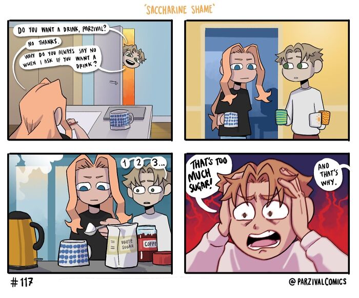 Lighthearted and hilariously relatable comic by Parzival showing characters debating drinking coffee with too much sugar.