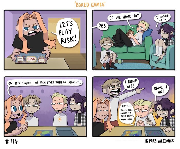 Four-panel comic of friends playing Risk game, showcasing relatable and lighthearted moments in a casual setting.