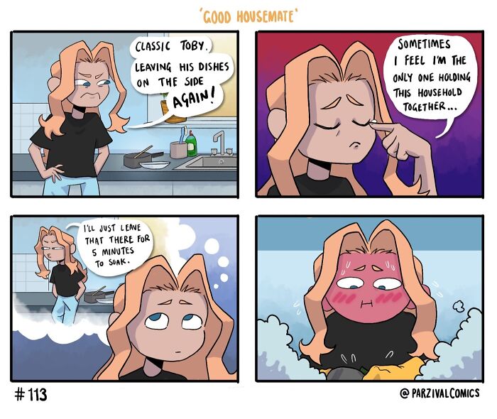 Comic panel of a relatable character dealing with household chores in a lighthearted and humorous style by Parzival.