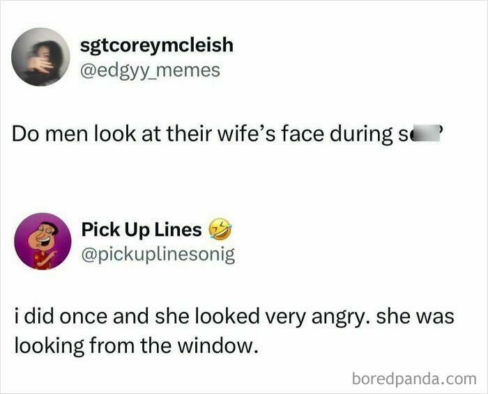 Screenshot of a spicy meme shared on an IG page asking if men look at their wife’s face during s*x with a funny reply.